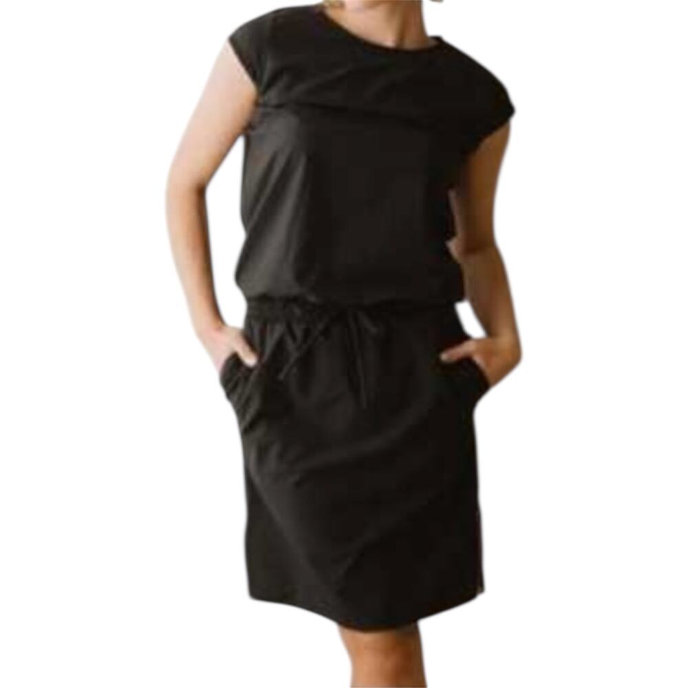 Albion Going Places Blouson Dress Tie Waist Cap Sleeve Zip Pockets Black S Tall